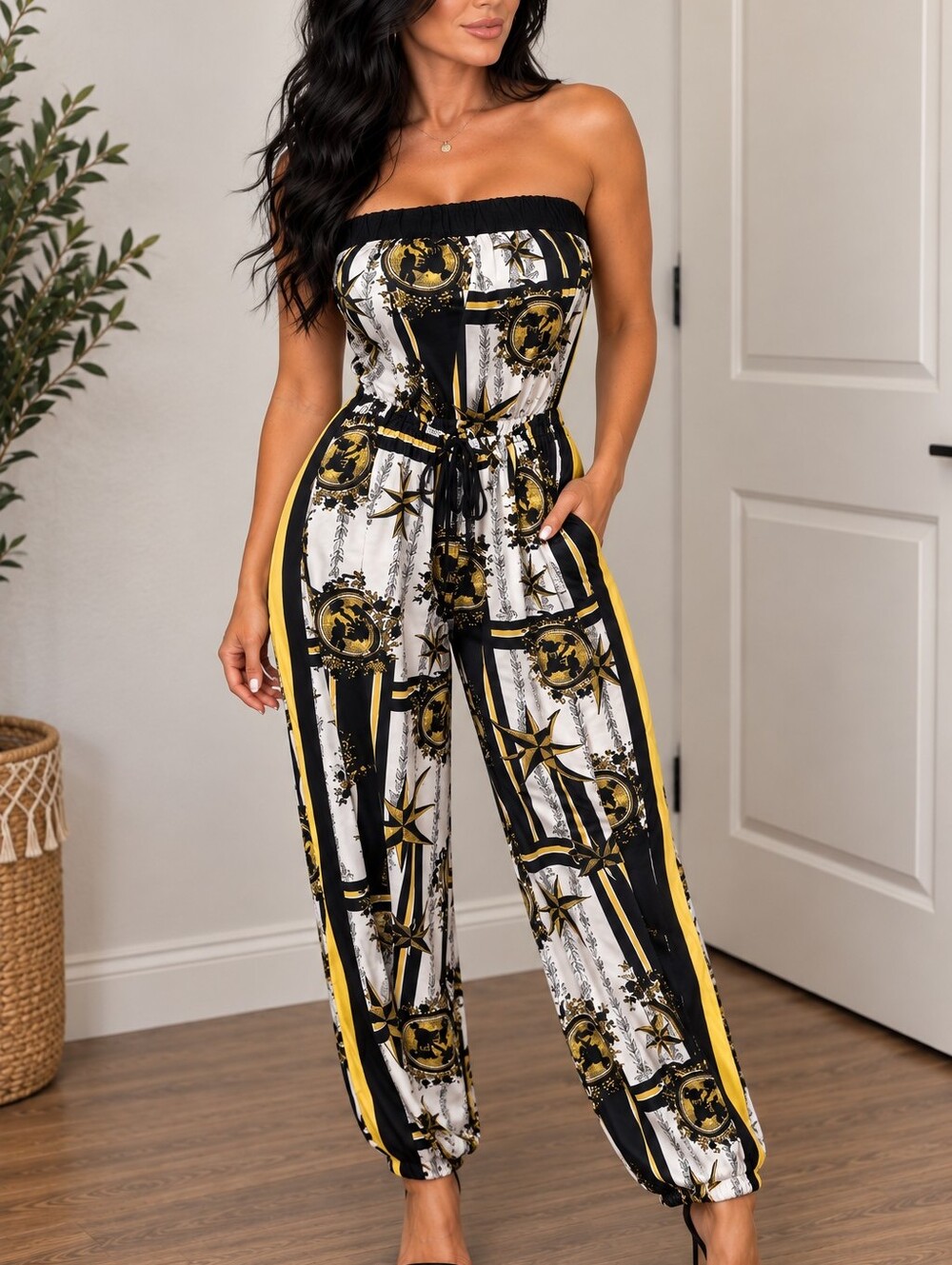 NWT Strapless Printed Jumpsuit in Black, White & Yellow